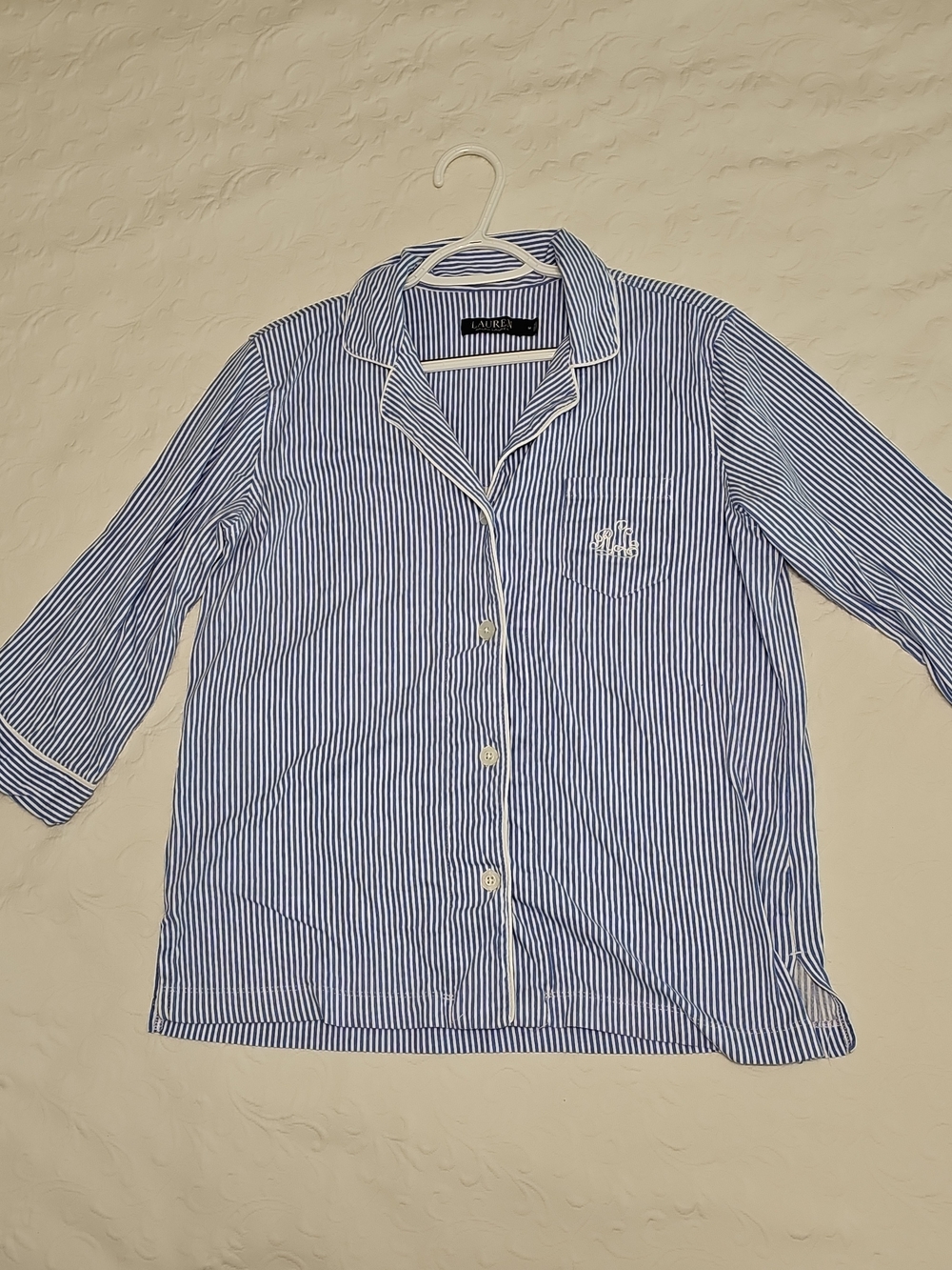 Lauren Ralph Lauren Blue & White Striped Pajama Top with Contrast Piping